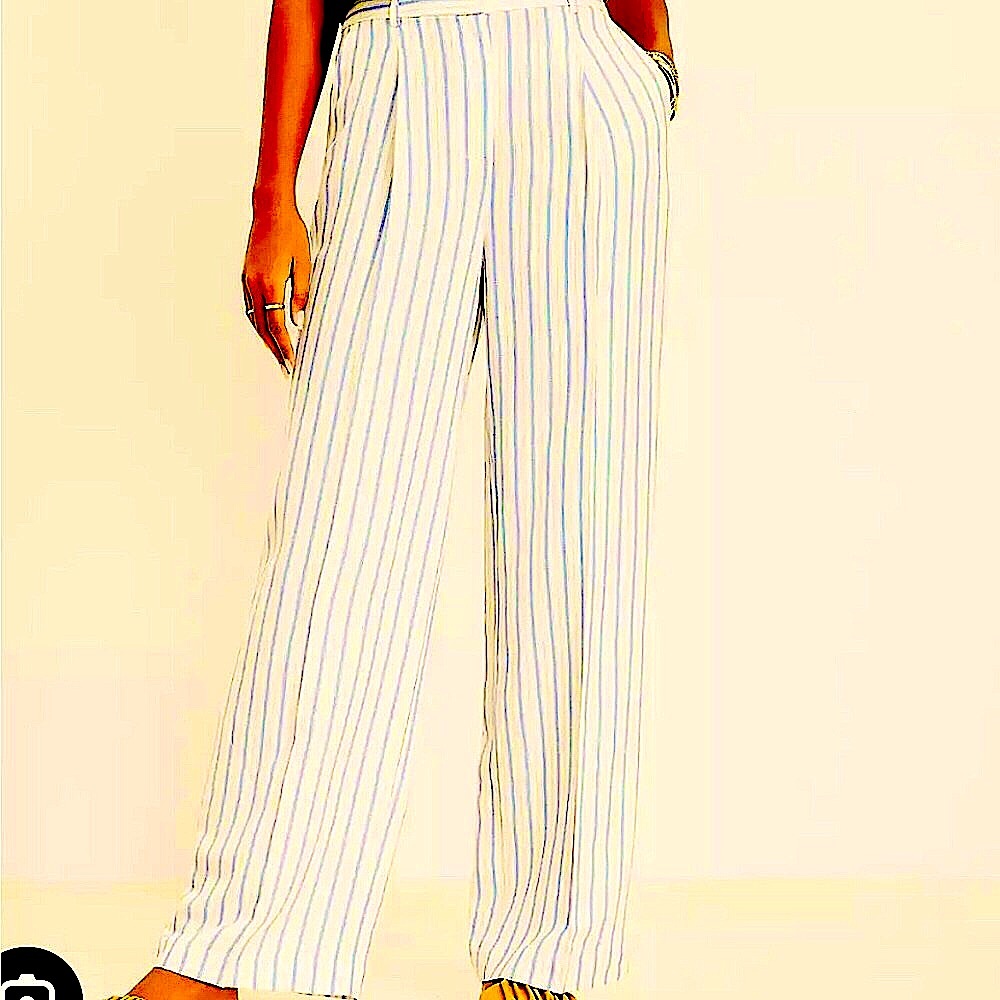 NWOT LOFT Blue and Tan Striped Wide Leg Pants Pleats Size 4 Coastal Nautical